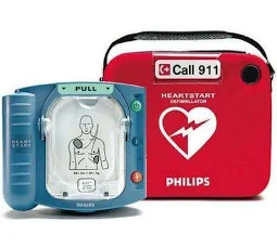 Philips HeartStart FRx AED Defibrillator front view, Portable Philips AED defibrillator device, Philips HeartStart FRx automated external defibrillator