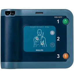 Philips HeartStart FRx AED Defibrillator front view, Portable Philips AED defibrillator device, Philips HeartStart FRx automated external defibrillator