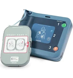 Philips HeartStart FRx AED Defibrillator front view, Portable Philips AED defibrillator device, Philips HeartStart FRx automated external defibrillator