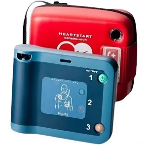 Philips HeartStart FRx AED Defibrillator front view, Portable Philips AED defibrillator device, Philips HeartStart FRx automated external defibrillator