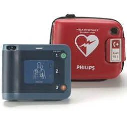 Philips HeartStart FRx AED Defibrillator front view, Portable Philips AED defibrillator device, Philips HeartStart FRx automated external defibrillator