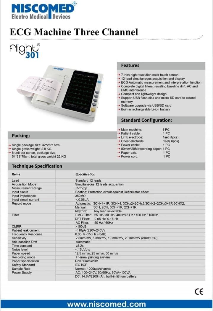 Niscomed Flight 301 3 Channel ECG Machine, Touch Screen