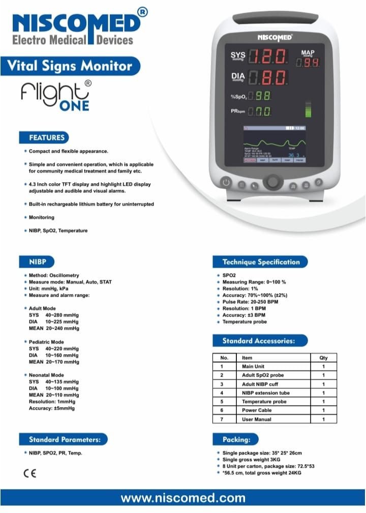 Niscomed Flight One 3 Para Patient Monitor (SpO2, NIBP, Temp)