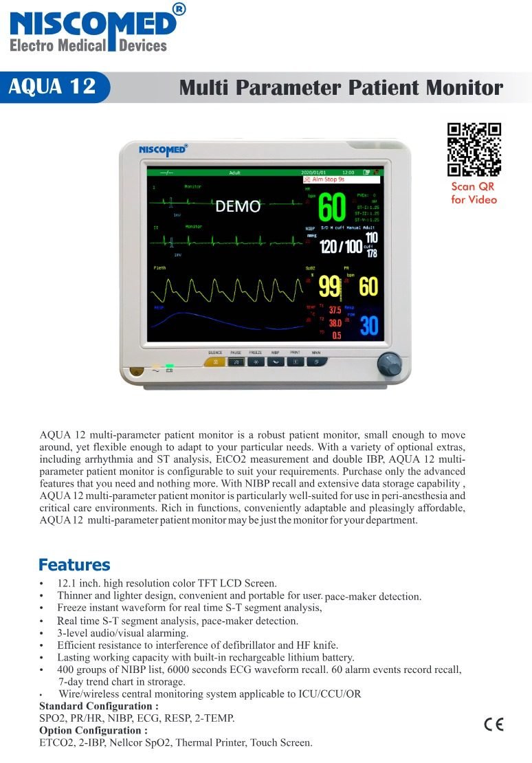 Niscomed Aqua 12 Multi Parameter Patient Monitor, 12.1 Inch, 5 Para